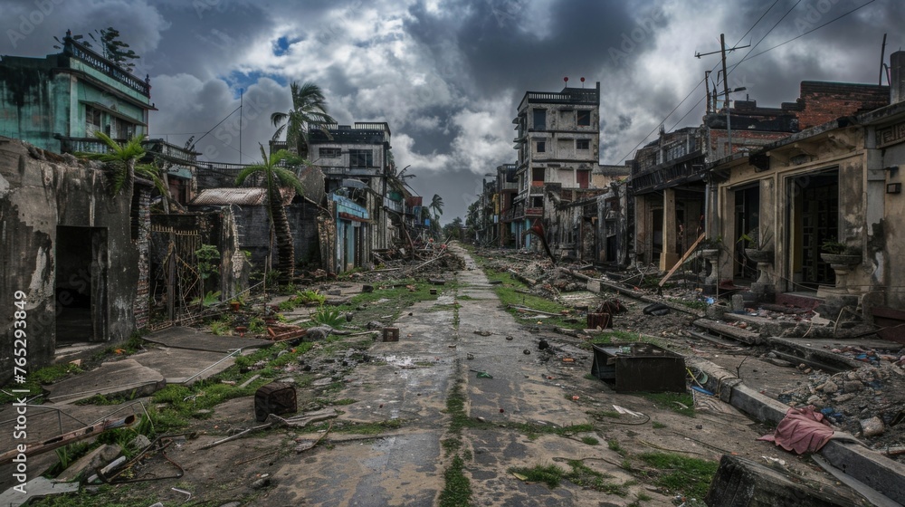 A once bustling city now lay in ruins the result of the destructive forces of a cyclones winds. A once bustling city now lay in ruins the result of the destructive forces of a cyclones winds.