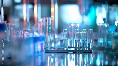 Assorted scientific glassware in a laboratory setting with a vibrant blue hue, research environment. Vibrant scientific laboratory with test tubes and beakers, blue-toned, research and development. 