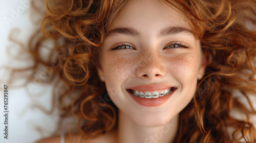 Portrait of a girl 16 years old wearing braces with glowing curly red hair. She is smiling sweetly with braces.
 photo