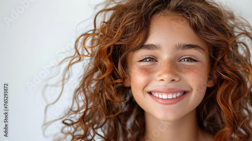Smiling girl, with flowing curls. Concept: dental health, curly splendor, joy. 
