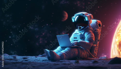 astronaut working with laptop sit on the moon