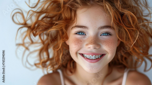 Closeup of a 12 year old girl wearing braces with a cute smile and curly red hair. Sparkling braces, pure joy. 