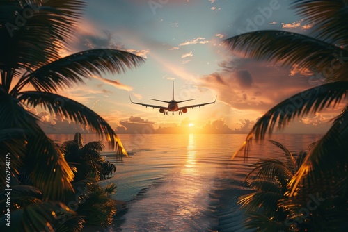 Airplane between palms against sunset sky over sea.