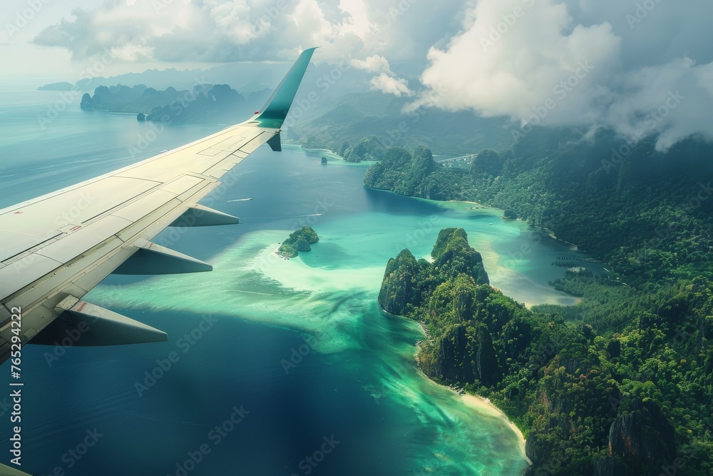 Airplane flying over tropical islands.