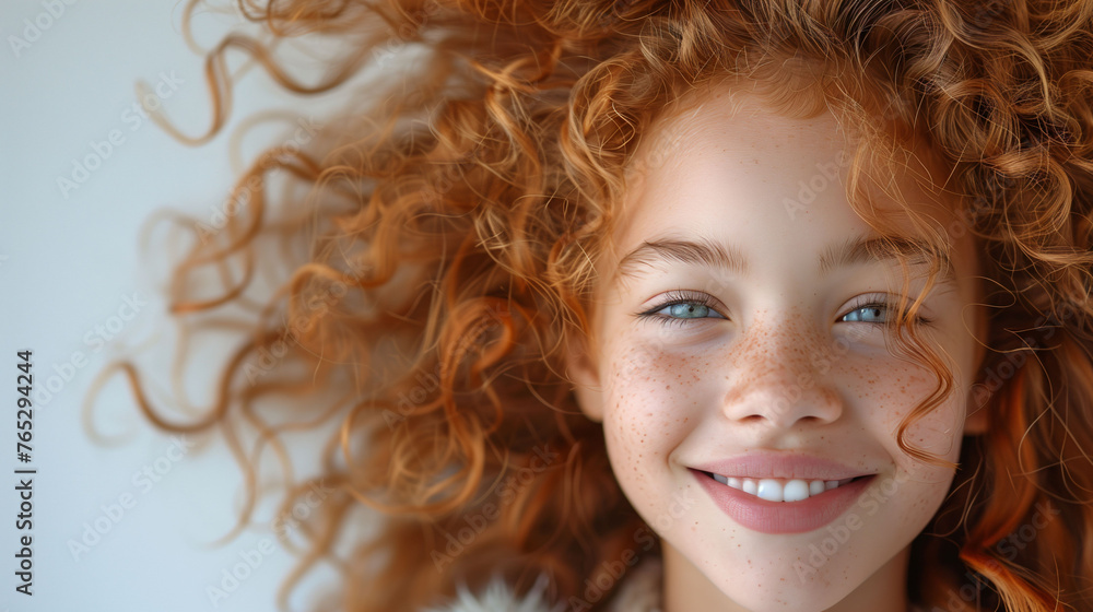 Girl, curly locks, radiant open smile. Concept: dental wellness, joyous childhood, curly allure.
