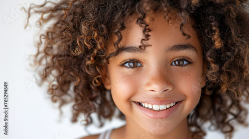 A laughing African-American girl, 6 years old. With curly hair and white smile, concept: childhood, healthy teeth. Isolated on white background