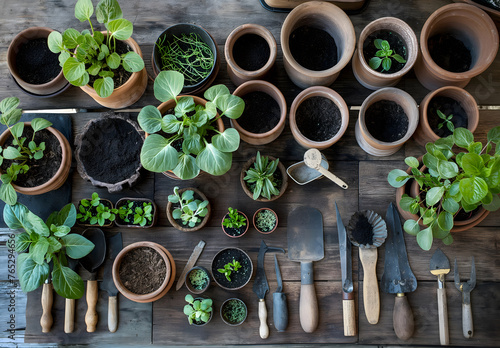 Eine Reihe von Gartengeräten und Setzlingen auf einem alten Holztisch, mit Töpfen gefüllt mit Erde zum Pflanzen von Samen, Gartenarbeit, Konzept Home Gardening, Heimgarten photo