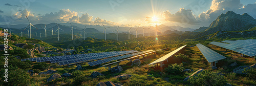 Wind turbines and solar panels at dawn, concept: new beginnings in sustainable living.
 photo