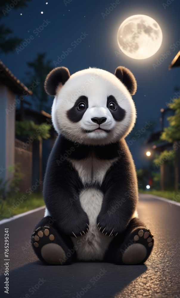 panda on the asphalt road in the distance was sitting the light of the moon in the sky panda on the asphalt road in the distance was sitting the light of the moon in the sky