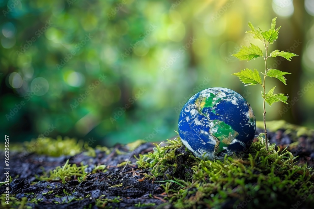 Globe on ground with tree sapling, forest background Globe on ground with tree sapling, forest background