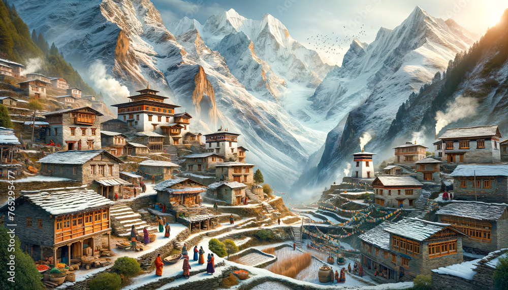 Himalayan village with terraces, multi-storey stone buildings with wooden details, and snow-covered roofs; villagers walking along the paths and the snow-capped Himalayan peaks in the background. - obrazy, fototapety, plakaty 