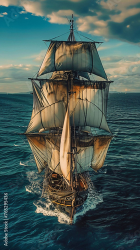 A vintage ship sails on a calm sea at sunset, showcasing the grandeur of exploration, concept: maritime adventure. 