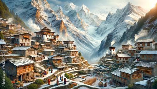 Himalayan village with terraces, multi-storey stone buildings with wooden details, and snow-covered roofs; villagers walking along the paths and the snow-capped Himalayan peaks in the background.