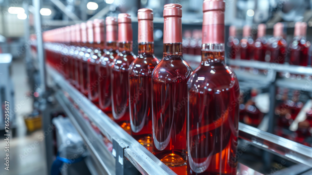 A row of bottles of liquor are being filled on a production line. The bottles are all the same color and are lined up next to each other A row of bottles of liquor are being filled on a production line. The bottles are all the same color and are lined up next to each other