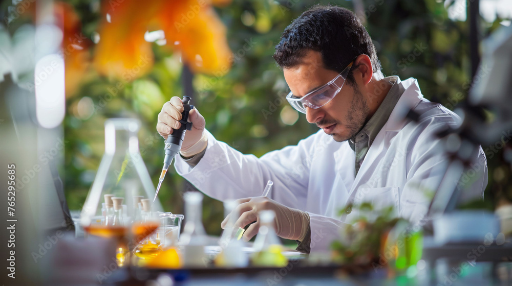 Scientist conducting a colorful experiment in a laboratory setting with ...