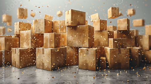 Explosion of cardboard boxes in the air, representing the boom in e-commerce and online shopping.
