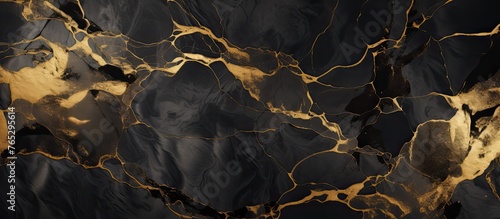 A sophisticated wallpaper featuring a luxurious blend of black and gold marble design with intricate golden veins
