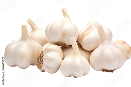 This image showcases a handful of aromatic garlic cloves, isolated on a clean white background, embodying freshness and essential ingredients in cooking.