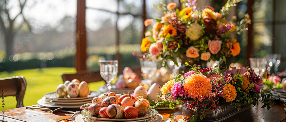 A festive outdoor Easter dining table richly decorated with bright, colorful floral arrangements, Easter eggs and elegant tableware.
