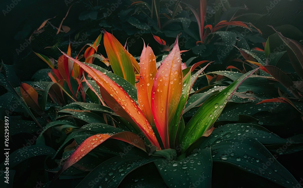 Green orange leaves with dew drops at morning. Close up of a plant with water droplets on leaves.