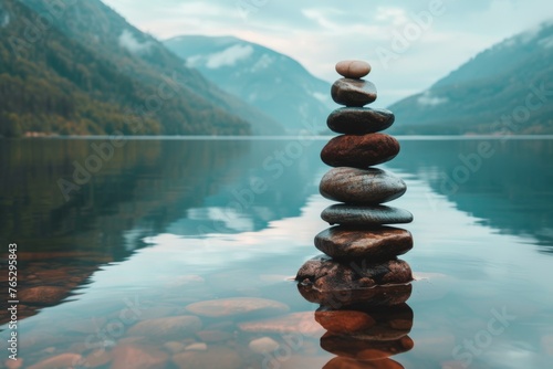 Stack of zen stones against mountain lake background