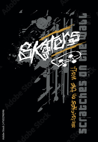 Vector illustration in scribbled style, with ink splashes of the word "skaters" and skateboard in minimalist lines.