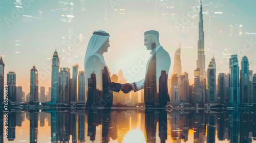 Double exposure of two business men over Dubai skyline building background. Arabian and western man handshaking concept