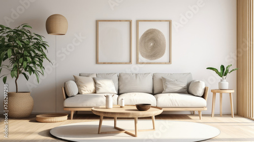 Scandinavian home interior design of modern living room. White sofa and round coffee table against wall with poster frame Generative AI