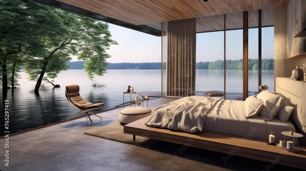 Minimalist interior design of modern bedroom with big panoramic floor to ceiling windows with beautiful lake view. Generative AI