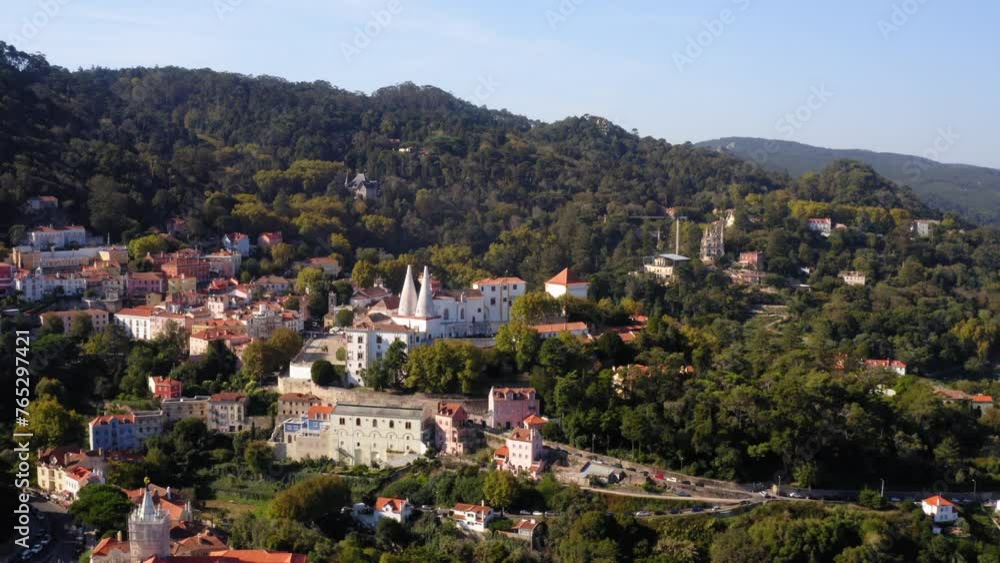 Aerial Panning Beautiful View Of Famous Historic House Museum On Green Hill During Sunny Day - Sintra, Portugal Aerial Panning Beautiful View Of Famous Historic House Museum On Green Hill During Sunny Day - Sintra, Portugal