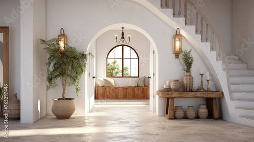 Mediterranean style hallway with arched door. Interior design of modern rustic entrance hall in farmhouse. Generative AI © Fang