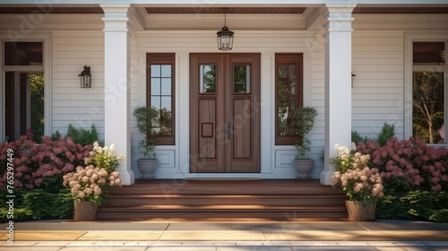 Main entrance door in house. Wooden front door with gabled porch and landing. Exterior of georgian style home cottage with columns. Generative AI © Fang