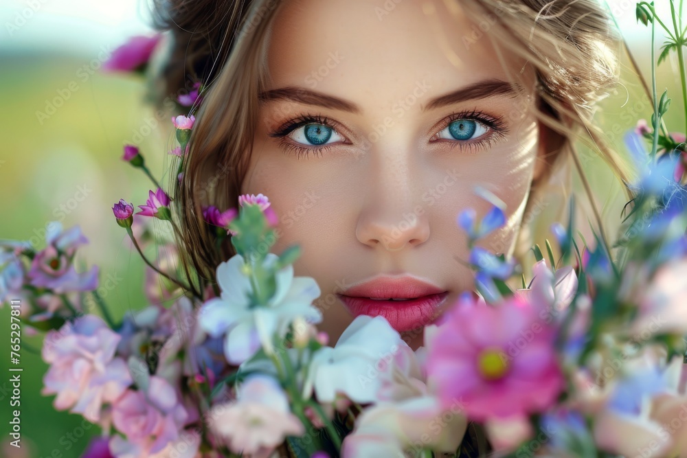 Girl with flowers and a mysterious look, vibrant colors Girl with flowers and a mysterious look, vibrant colors