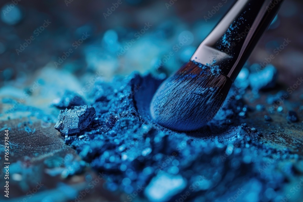 Makeup brush with bright blue eyeshadow on a palette, highlighting texture and color. Makeup brush with bright blue eyeshadow on a palette, highlighting texture and color.