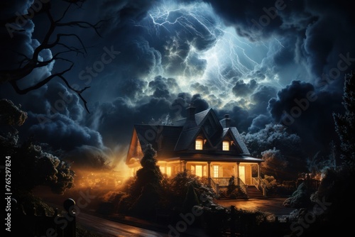 Suburban House in Stormy Weather With Full Moon Generative AI