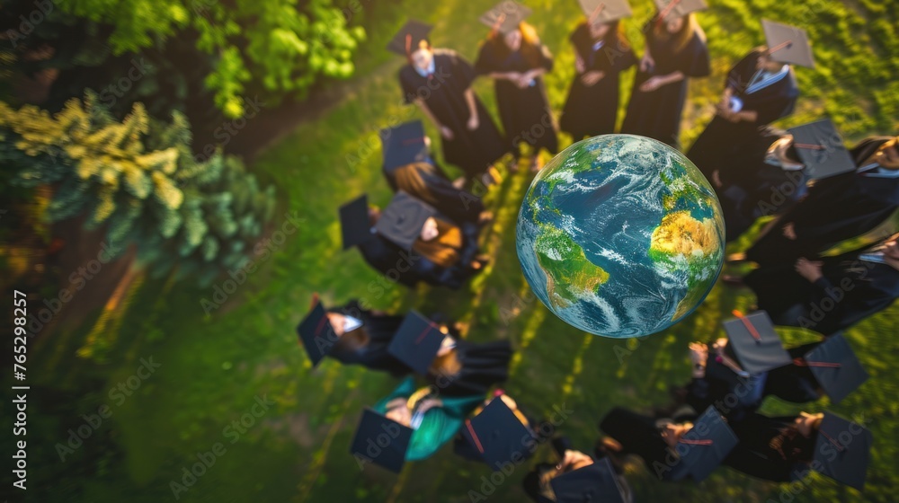 Graduating students embrace a geographic globe of the world. The concept of preserving peace. Graduating students embrace a geographic globe of the world. The concept of preserving peace.