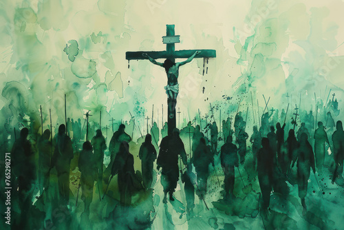Jesus Christ on cross surrounded by crowd people, green watercolor