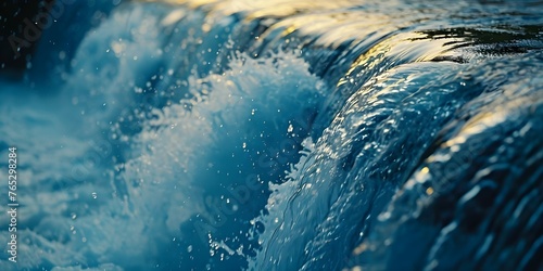 Closeup of cascading water at a hydroelectric dam capturing the dynamic energy flow. Concept Hydroelectric Dam, Cascading Water, Dynamic Energy Flow, Closeup Photography, Power Generation