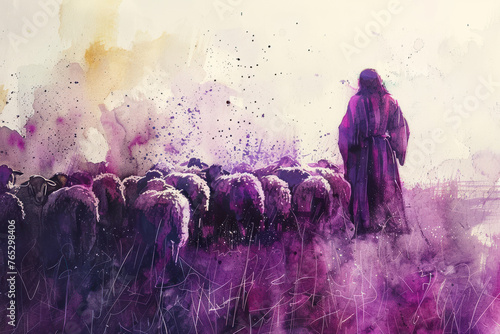 Purple splash watercolor painting of Jesus Christ grazing sheep