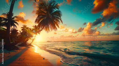 Palm trees silhouettes on tropical beach at vivid sunset time. sunset light.