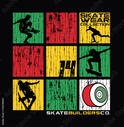Vector illustration of geometric shapes and skater silhouettes.