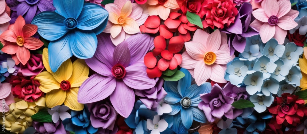 An image featuring a close-up view of a variety of vibrant flowers displayed on a wall