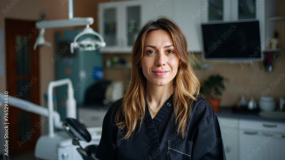 A woman in a white lab coat stands in front of a dental chair. She is smiling and she is proud of her work A woman in a white lab coat stands in front of a dental chair. She is smiling and she is proud of her work