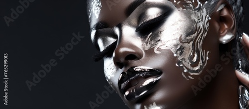 Capture a detailed shot of a woman s face beautifully decorated with shimmering silver paint