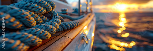 Ropes Wrapped Around a Winch on the Deck of a Ship,
 Sailing yacht in the sunset light. Close-up of the bow and sails  
