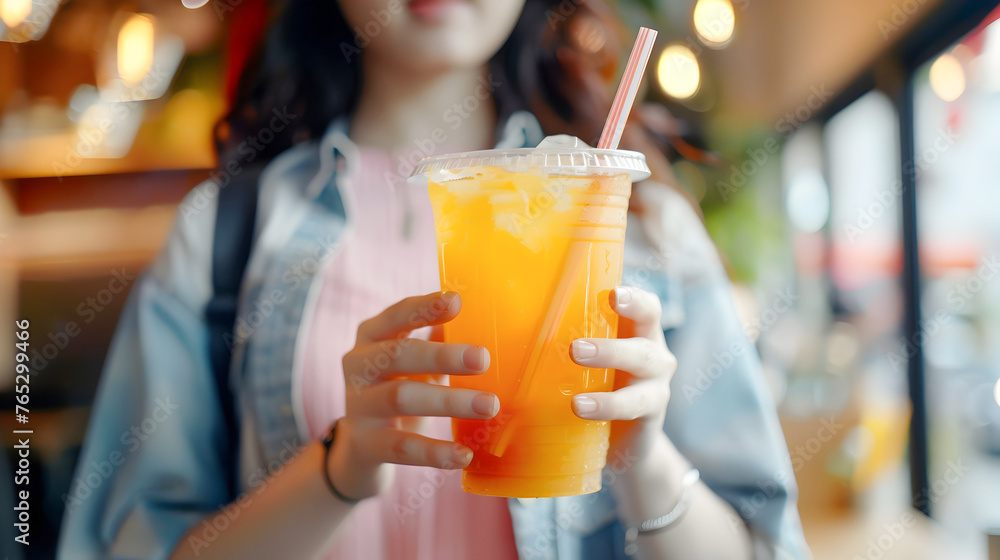 Woman Enjoying an Orange Flavored Drink in Style Woman Enjoying an Orange Flavored Drink in Style