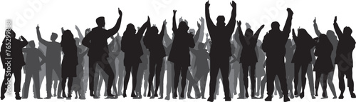 vector silhouette of a crowd of people watching a music concert in front of the stage with cheering and waving hands, suitable for poster, banner or advertising elements for concerts and parties © Dani