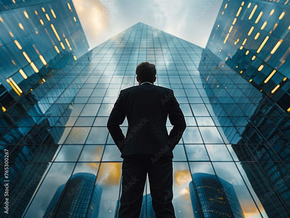 Obraz premium a man standing outside a tall state-of-the-art glass building.