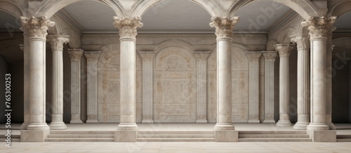 A room in a Classical building with columns, arches, and symmetrical moldings on the ceiling. The design showcases Ancient Roman and Classical architecture
