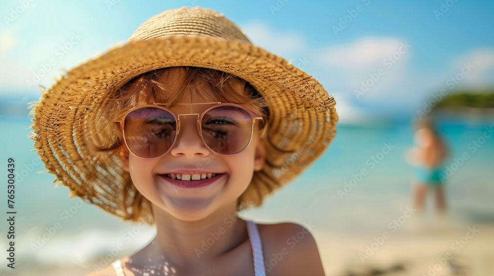 A little girl wearing a straw hat and sunglasses is exploring outdoors on her summer vacation, embodying the spirit of adventure and fun